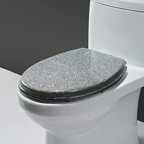 WANWEN Abattant WC Paillettes Abattant WC en Résine à Fermeture Lente Rond, Abattant WC Scintillant pour Salle de Bain - Abattant Toilette Décoratif Glam Facile à Nettoyer,Argent Little Surprise