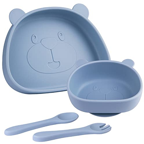 Piatto con Ventosa per Bambini in Silicone,4 Pezzi Piastra Ciotola per Neonati con Cucchiaio e Forchetta,Set Pappa Svezzamento Bambini,100% senza BPA,lavastoviglie e cassaforte a microonde,Blu