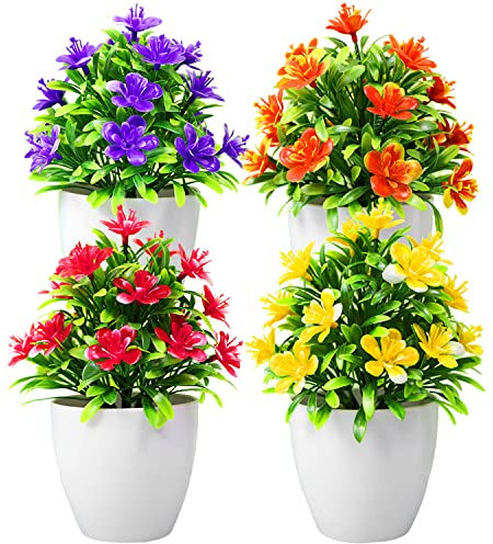JINXIAN 4 Stück Kunstblumen im Topf Künstliche Blumen Klein Kunstpflanze Mini Künstliche Pflanzen Wie Echt im Topf für Hause Büro Cafe Innen- und Außenbereich Deko