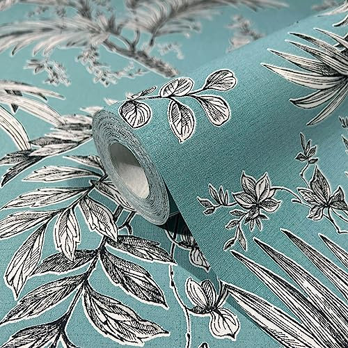 marburg Tapete Türkis Schwarz Floral Modern, Natur für Schlafzimmer oder Wohnzimmer Made in Germany 10,05 x 0,53m