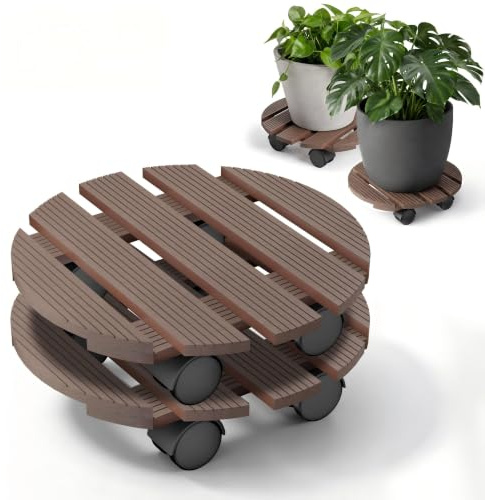 YRHome WPC Pflanzenroller Rund Ø 300mm 100kg Rollbrett Pflanzen für Innen- sowie Außenbereich Blumenroller Blumentopf Untersetzer mit Rollen witterungsbestaendig Transporthilfe für Pflanzen Braun