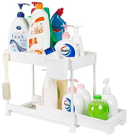 ASAB 2 Tier Under Sink Storage Organiser Non Slip Feet Hanging Cup Removable Divider Water Resistant Moistureproof Sliding Shelf Under Cupboard Storage Bathroom Cabinet Organizer Kitchen Sink Shelf