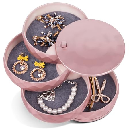 INMORVEN Schmuckaufbewahrung Schmuckkästchen Mädchen Schmuckkasten Damen Schmuckschatulle 4 Ebenen Drehbar Kann Gesperrt Werden für Ring Ohrringe Aufbewahrung Halskette Haargummi Geschenk(Roségold)