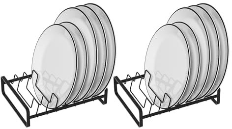 Hikinlichi Paquete de 2 organizadores de soportes para platos, 8 ranuras, gabinete vertical, estantes para secar platos, organizadores de platos de metal, soportes para encimera y armario, color negro