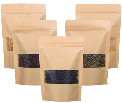 Artibetter 50 Pack 14 x 20 cm Braune Papier Beutel Mit Sichtfenster Papietütchen Kraftpapier mit reißverschluss Wiederverwendbare Papiertüte mit Sichtfenster ür Die Verpackung von Kaffee,Tee