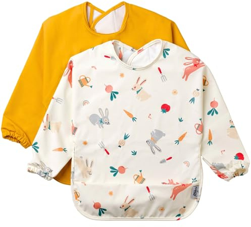 BABATÉ Kids - Bavaglino manica lunga impermeabile 2 unità, Bavaglini con maniche, Bavaglini impermeabili neonato, Bavaglini maniche lunghe, Grembiule bambino manica (Giardino Arancione)