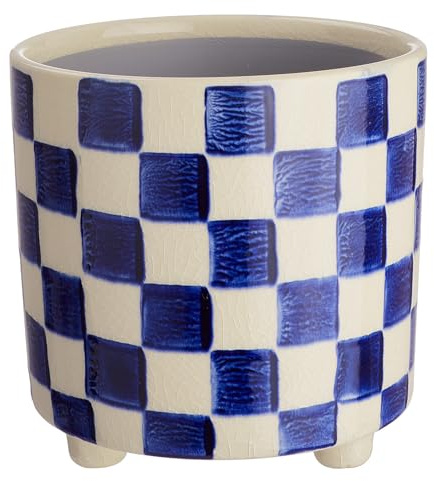 BUTLERS Blumentopf NEW Delft Karos Steingut Creme Blau Ø 13cm | Übertopf für Kräuter & Pflanzen, Pflanzentopf für innen, Blumenübertopf für Balkon | Dekoration Fensterbank Deko Wohnzimmer