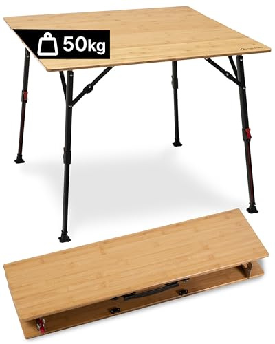 qeedo Kimmy M, Mesa de Camping con Tablero de Bambú, 90 x 90 cm, Ajustable en Altura
