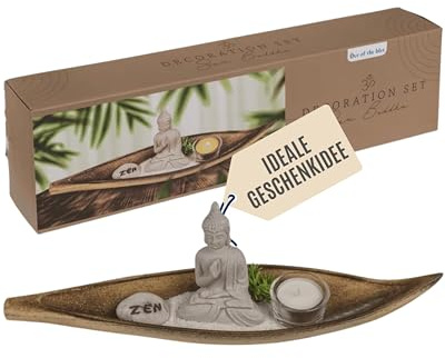 Out of the blue Holzschale Natur - Maße 37,5 × 9,5 × 12 cm - Deko-Set mit Buddha, Teelicht, Zen-Stein, künstlicher Pflanze & Sand - Zen-Deko & Geschenkidee