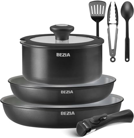 BEZIA Set Pentole e Padelle Ceramiche Antiaderenti, – 9 Pezzi a Induzione Set Padelle con Manico Rimovibile, per Tutti i Piani Cottura, Pentole Impilabili, Lavabile in Lavastoviglie/Forno, Verde