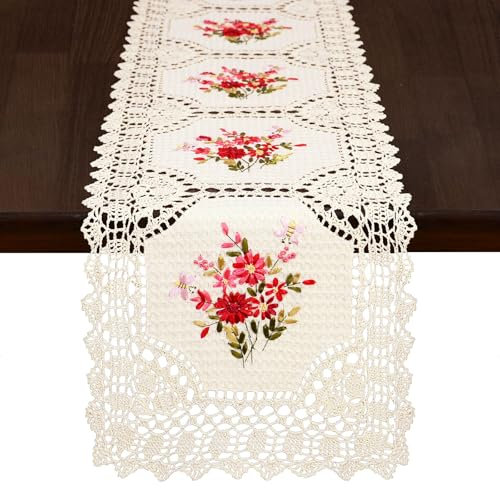 Grelucgo Handgefertigter gehäkelter Tischläufer mit Blumenstickerei, 38,1 x 94 cm, Rosa und Rot