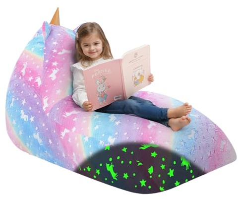 COMAX Unicorn Bean Bag Chairs for Kids 8-12, Large Kid Beanbag Chair with Filler, Big Toddler Lounge Bean Chair, Children Lazy Floor Lounger for Girls Boys, Glowing Rainbow