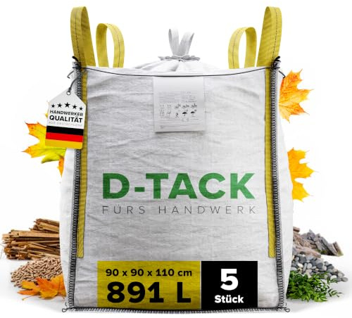 D-TACK 5x Big Bag | 90 x 90 x 110 cm | Säcke für Bauschutt, Holz, Laub, Kies, Sand, Erde, Gartenabfall, Grünschnitt, Pellets | 2 Schlaufen für Kran & Stapler | 1.000 kg | Inkl. Schürze zum Zubinden