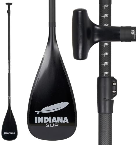 Sportime SUP Paddel Indiana | Fiberglass-Blatt mit 30% Carbon | Antiverdreh-System | Mit Gummirand | Inkl. gepolsterter Paddeltasche | Leicht | Zerlegbar | Schwarz