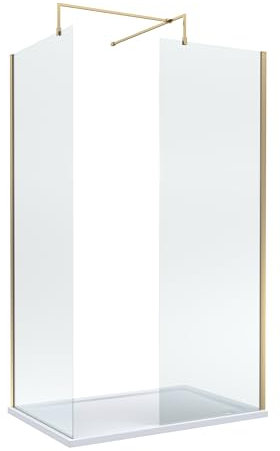 Balterley Wetroom Screen Set with Support Bar & Tray, 2X Shower Glass, Support Bar Kit, Rectangular Shower Tray, Toughened Safety Glass Screens with Arm Bracket for Bathroom (Brushed Brass/White)