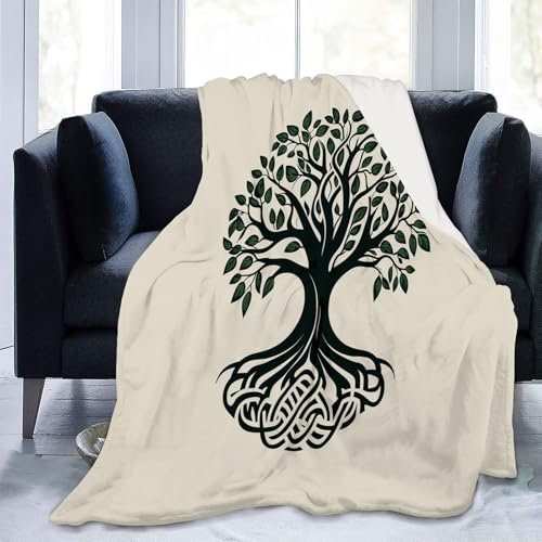 Flanell Fleece Decke 200 x 220 cm Kuscheldecke für Kinder Erwachsene Mädchen Warme Bedruckte Einfach Keltischer Knoten Bäume Muster Couch Decke Cremefarben Langlebig Reisedecke