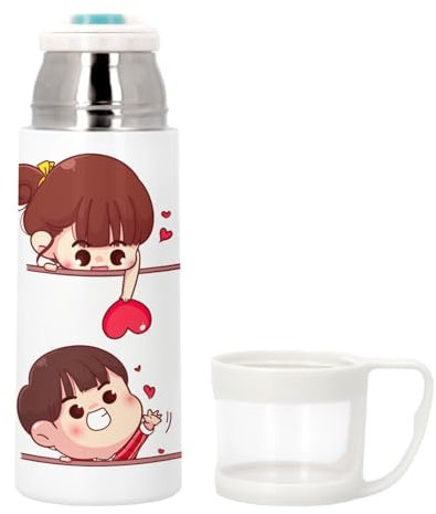 Thermoskanne aus Edelstahl mit integrierter Tasse – für Kinder, Paare, japanischer Stil, süße Liebe, 350 ml – Thermosflasche