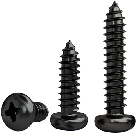 FandWay 50Pcs Self Tapping Screws Black,M4x16mm Wood Screws 304 Stainless Steel,Pan Head Self Drilling Screw,Round Head Sheet Metal Screw Phillips Drive for DIY WoodWork Repairs.