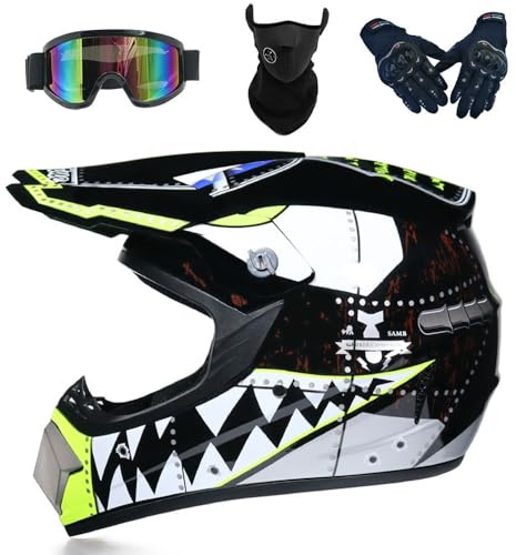 Casco Integrale Motocross, con Guanti Maschera Visiera, per Moto da Cross Enduro In Discesa, Approvato DOT(A Black,L(56-57cm))