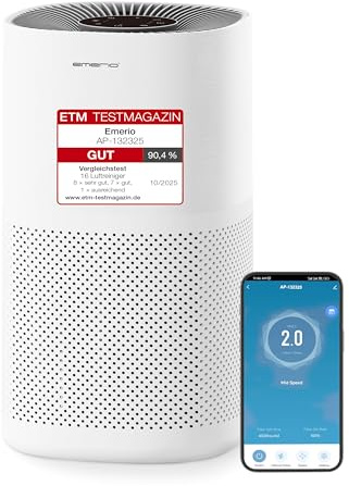 EMERIO Luftreiniger mit HEPA 13 Filter (99,97% Filterleistung) gegen Schimmel, Staub, Pollen & Gerüche | WLAN: SMART LIFE APP | Ionic Funktion & Timer | geeignet für Räume bis zu 45m² | AP-132325