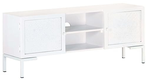 Helloshop26 Meuble TV multimédia étagère télévision Buffet téléviseur Salle à Manger Salon Chambre 115 x 30 x 46 cm Bois Massif de manguier Blanc 02_0025793