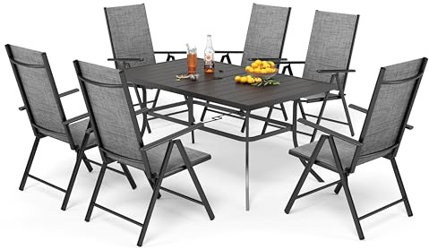 PHI VILLA Gartenmöbel Set Wetterfest Sitzgruppe Outdoor 6 Stühle Klappbar | 6X Verstellbar mit 7 Sitzpositionen, Textilene GartenStühle, E-beschichtet Rostfrei Tisch, 4-5cm Schirmloch, Grau