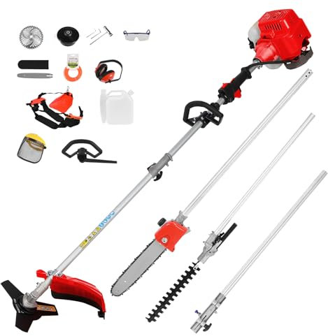 Débroussailleuse Multifonction Thermique 5 en 1, 52cc Taille Haie Telescopique Thermique 134cm, Elagueuse sur Perche, Tronçonneuse pour Sécateur, 2.3kw, 3CV, 2 Temps Tondeuse à Gazon (Rouge)