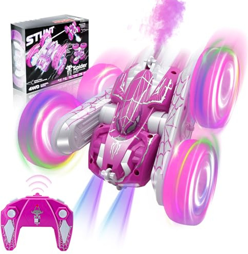 FORESTDREAM Ferngesteuertes Auto für Kinder, RC Stunt Auto 4WD mit Rauch Effekt und LED Licht, 360° Doppelseitiges Offroad RC Car im Spider Design, 2.4GHz Spielzeug Auto für Jungen und Mädchen (Rosa)