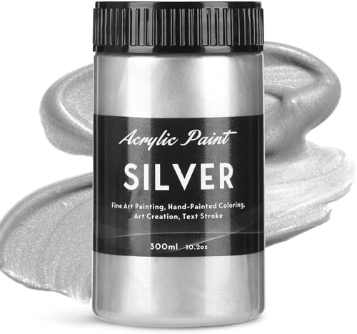 YULL Acrylfarbe Metallic Silber - 300 ml Silber Farbe, Wasserfeste & Deckende Silver Acrylic Paint für Leinwand, Stein, Holz, Papier, Möbel, Stoff und Malkarton