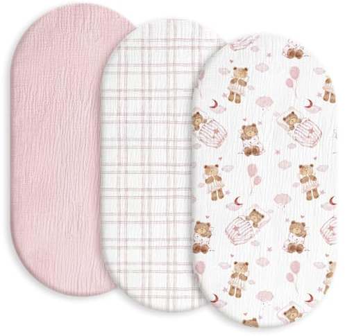 Coprimaterasso per bambini, confezione da 3, 100% mussola di cotone, Oeko-Tex 100, lenzuola in mussola per culla, copertura per culla e carrozzina, 83 x 43 x 12 cm, lenzuolo con angoli per carrozzina