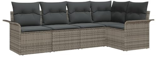 vidaXL 5-teiliges Garten-Sofa-Set mit Kissen in Grau aus Poly Rattan – wetterfeste Sitzgruppe für deinen Patio oder Terrasse, modulares Loungemöbel