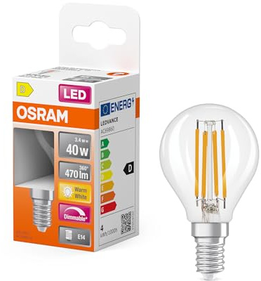 OSRAM Lampada LED Superstar P40 Globe Filament dimmerabile, 2700 K bianco caldo, 3,4 W, E14, trasparente, 470 lm, 15.000 h, per lampade da tavolo e a sospensione, soggiorno