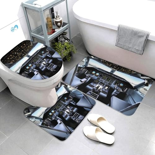 Set 3 Teilig Badvorleger Flugzeugcockpit Badematte 3-TLG Anti-Rutsch Weiche Badgarnitur Badematten, Für Badezimmer, Wohnzimmer, Spa