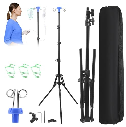 IV Drip Infusion Stand, Retractable Intravenous Drip Bag Stand, Collapsible IV Tripod Pole Bottle Stand with 4 Hooks & 3 Net Bags, Portable Mobile IV Pole for Home Hospital Clinic(157cm(62in))