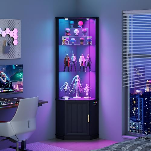 OUTDOOR DOIT 69 Corner Glass Display Cabinet with RGB Lights,3-Tier Movable Glass Shelves,Curio Display with Human Body Sensor,Bookcase with Storage Cabinet for Toys,Books,Collectibles,Liquor,Black