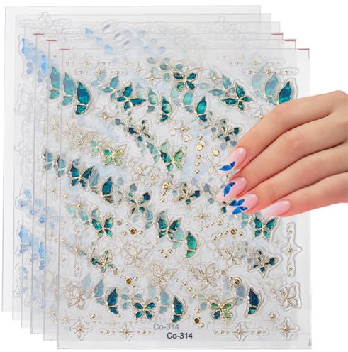 Hobbspring 6 fogli adesivi per unghie a forma di farfalla, 2 stili, 5D, in rilievo, per nail art, colore verde, blu, autoadesivo, per manicure fai da te