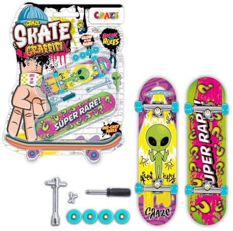 Craze Skate – Pack de 2 Mini Skate Doigt – Designs Aléatoires Parmi 4 Modèles – Fingerboard Personnalisable avec Outils et Pièces