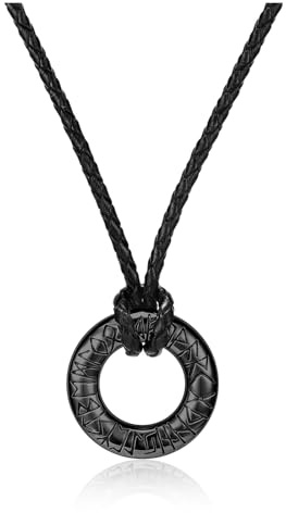 PiercingJak Herren Halskette Wikinger Runen Kette Schwarz Geflochtene Lederkette mit Edelstahl Talisman Kreis Anhänger Nordischer Glück Schmuck Geburtstag Geschenke für Männer Damen