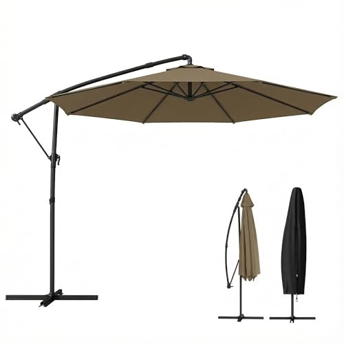 Outsunny Parasol déporté rond 3 m, parasol de jardin extérieur avec housse de protection, inclinable, manivelle et rotation à 360°, toile polyester 180 g/m², protection UV UPF50+, kaki