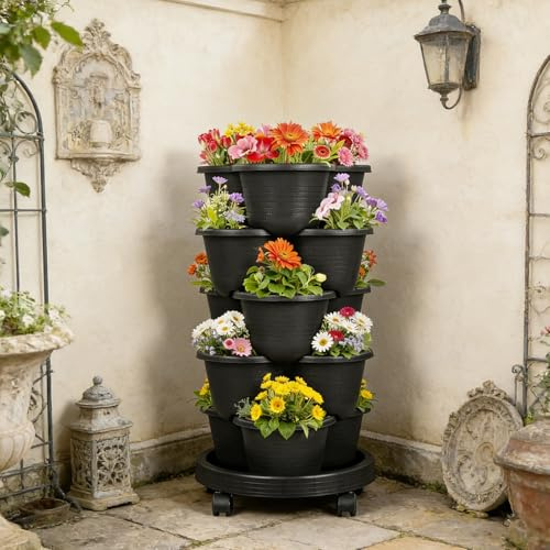 Aiuola Rialzata Per Balcone, Torre Per Piante Impilabile A 5 Livelli, Torre Per Fragole E Patate Con Ruote, Giardino Verticale A Chiocciola Per Erbe, In Plastica Per Giardino E Terrazza