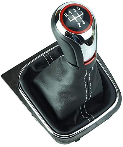 Schaltknauf Schaltsack Schaltmanschette Rahmen 5 Gang Chrom Look - Roter Ring - weiße Naht