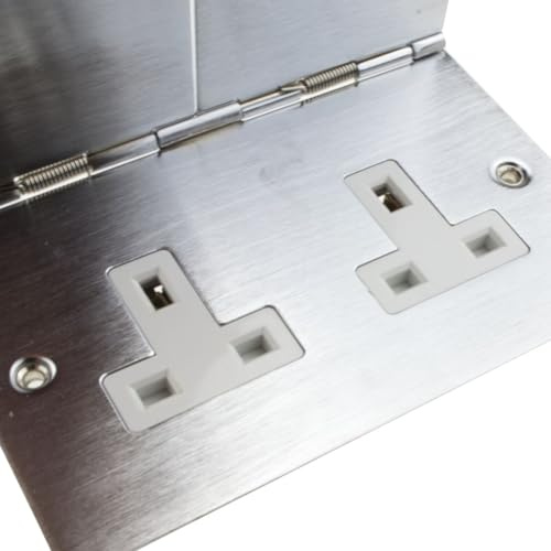 kenable 13A Double Gang Floor Socket Hinged Spring Covers 240V Mains Power Outlet Brushed Stainless Steel 94x145mm