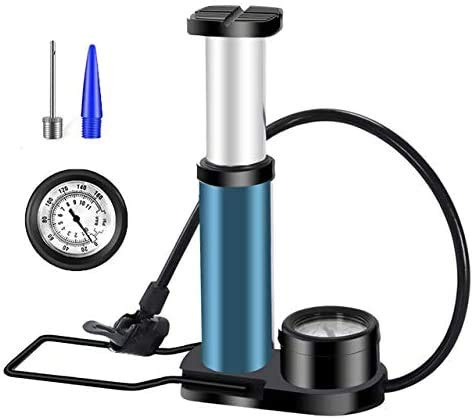 Maso Auto Fahrrad-Fußpumpe mit Manometer und Aufblasnadel, tragbare Fahrrad-Reifenpumpe, Auto, Motorrad, Ball, Hochdruckpumpe, universelles Presta- und Schrader-Ventil (blau)