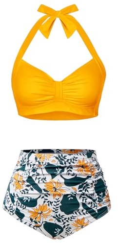 Holipick Yellow Floral Women High Waisted Bikini Set Two Piece Swimsuit Tummy Control Bathing Suit Vintage Halter Swimwear M