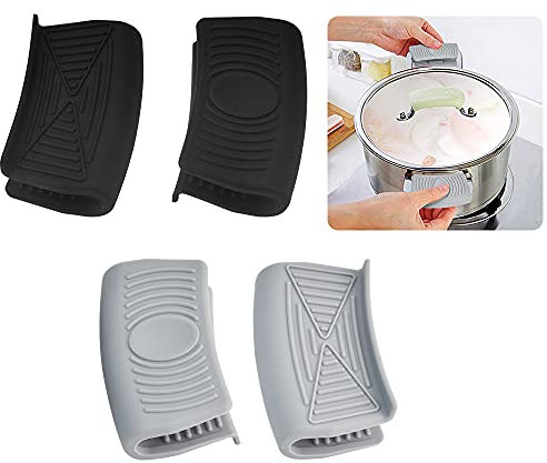 ANTHYTA 4 Stück Silikongriffe für Töpfe Hitzebeständig Silikon Assist Griff Klemmgriff Silikon Topfhandschuhe Topfgriff Hitzeschutz Klemmgriffen für Ofenschalen Gusseiserne Bratpfannen Schwarz Grau