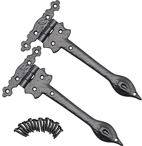 EAI Black Iron Spear Hinges Leaf Design, 1 Pair, 9 Inch | Cast Iron Spear Hinges with Leaf Tudor Design for Gates, Doors, Cabinets and Sheds, Fixings Included