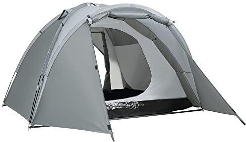 Outsunny Campingzelt für 2-3 Personen Glasfaser Tür mit Reißverschluss Meshfenster inkl. Transporttasche Kuppelzelt 190T Kunstleder2000mm Glasfaser Grau
