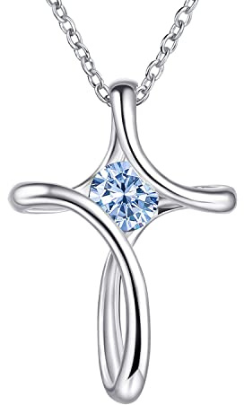 NINAMAID Cross Necklace for Women 925 Sterling Silver Birthstone Necklaces for Women with Diamond Sideways Birthstone Jewelry Gifts for Women