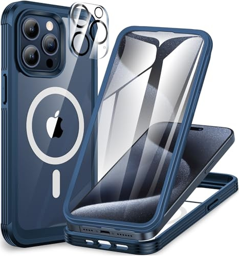 CENHUFO für iPhone 15 Pro Max Hülle, Kompatibel mit MagSafe Eingebautem Panzerglas Displayschutz und Kameraschutz, 360 Grad Schutzhülle Stoßfest Case Magnetisch Handyhülle iPhone 15 Pro Max - Blau