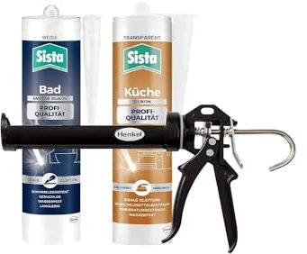 Sista Bad Profi-Qualität Sanitär Silikon, Weiß (1x280ml) & Sista Küche Profi-Qualität Silikon, Transparent (1x280ml) Kartuschen & Pattex Profi Metall Kartuschenpistole